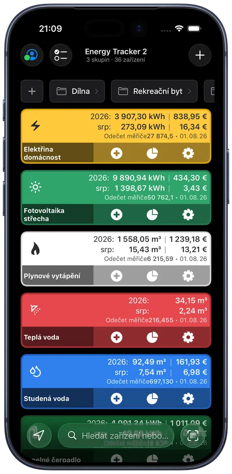 Přehled Energy Tracker na iPhonu